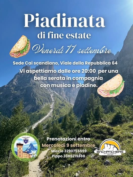 Piadinata di fine estate – Sede CAI Scandiano, 11 Settembre 2026