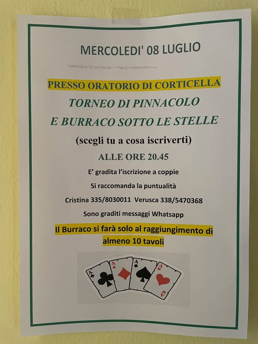 Torneo di Pinnacolo e Burraco sotto le stelle – Corticella (Viano), 8 Luglio 2026