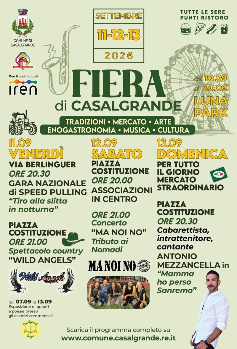 Fiera di Casalgrande 2026 – Tradizioni, mercato, musica e cultura, 11-13 Settembre 2026