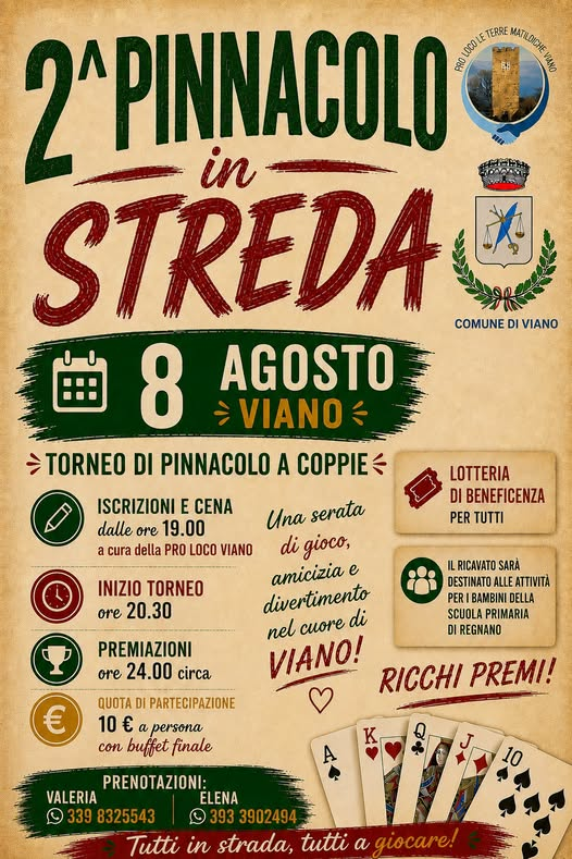 2ª «Pinnacolo in Streda» – Torneo di Pinnacolo a Coppie, Viano, 8 Agosto 2026