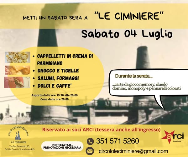 Metti un Sabato Sera a Le Ciminiere – Cena e Giochi, 4 Luglio 2026