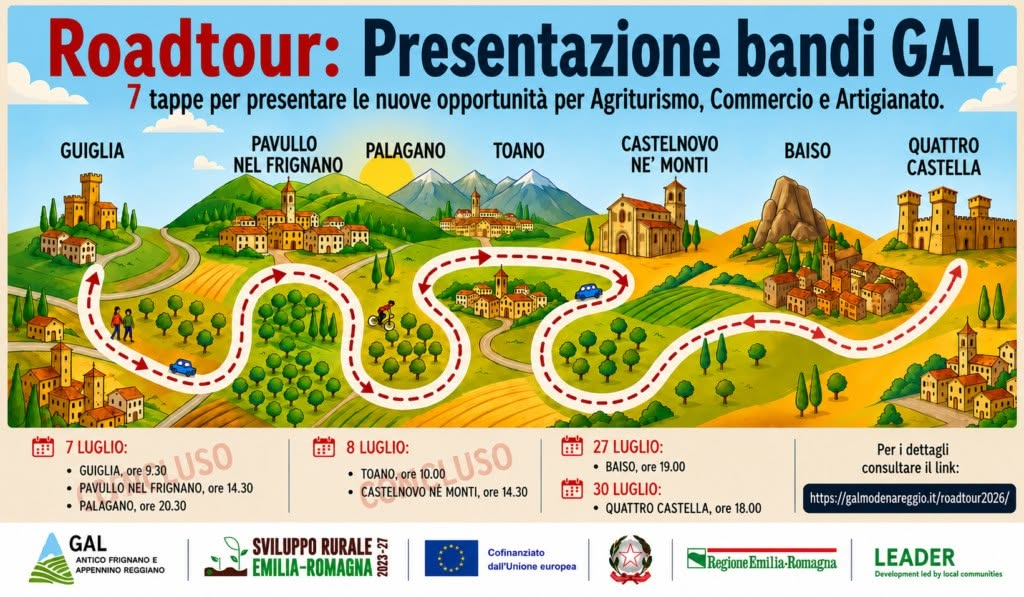 Roadtour GAL: presentazione dei bandi per agriturismo, commercio e artigianato – Baiso, 27 Luglio 2026