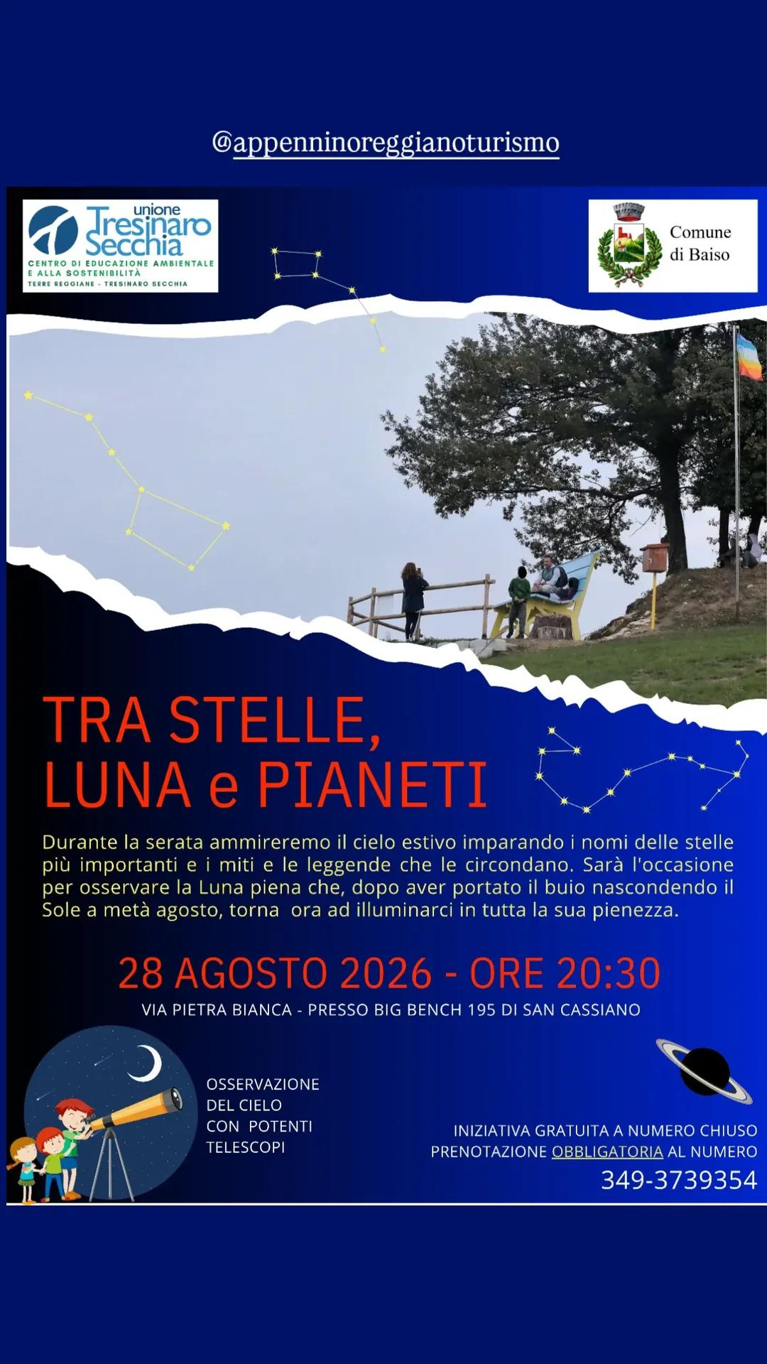 «Tra stelle, Luna e Pianeti» – Osservazione del cielo al Big Bench di San Cassiano, Baiso, 28 Agosto 2026