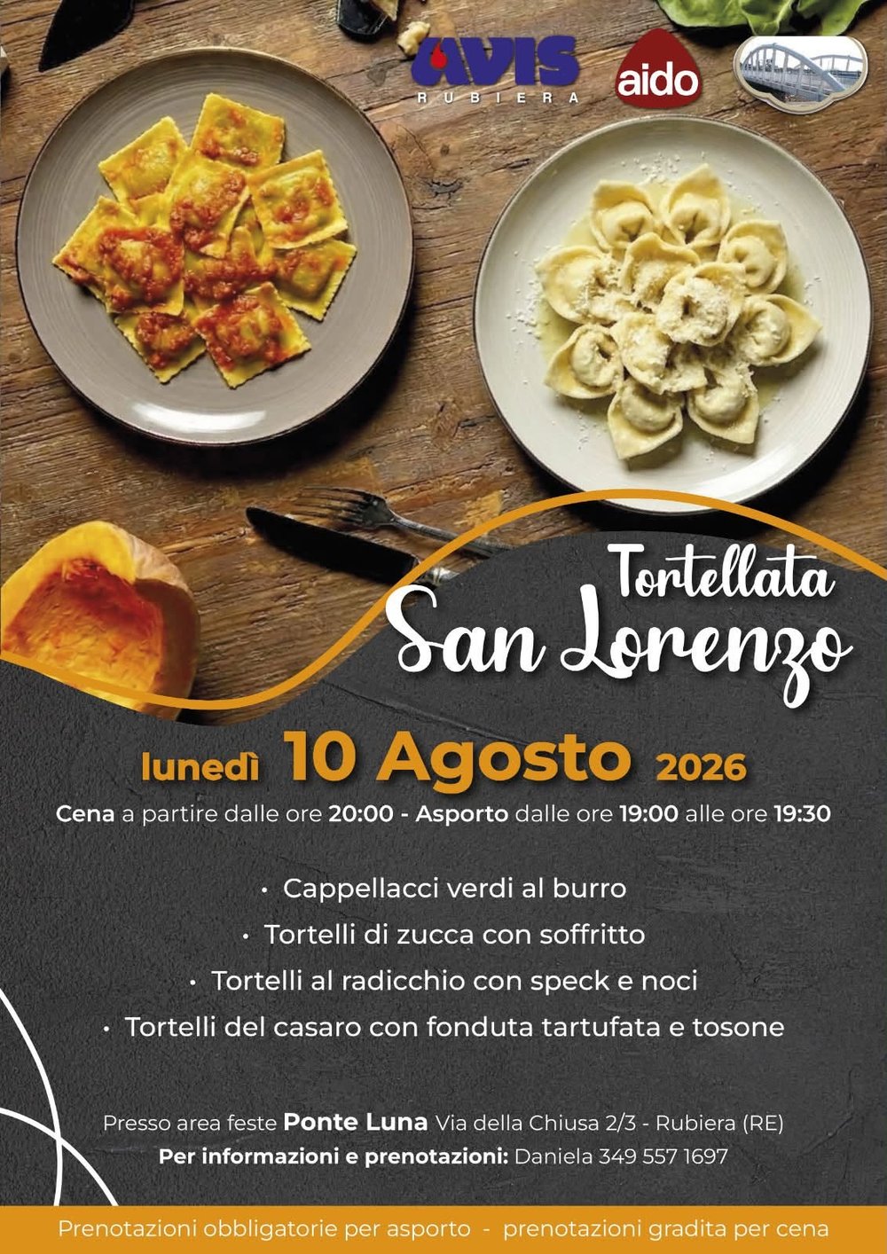 Tortellata di San Lorenzo con AVIS e AIDO all'area feste Ponte Luna, Rubiera, 10 Agosto 2026