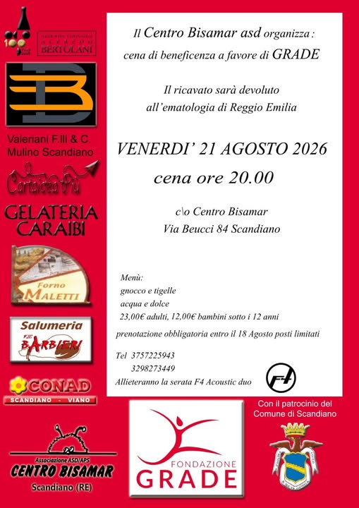 Cena di beneficenza a favore di GRADE – Centro Bisamar, Scandiano, 21 Agosto 2026
