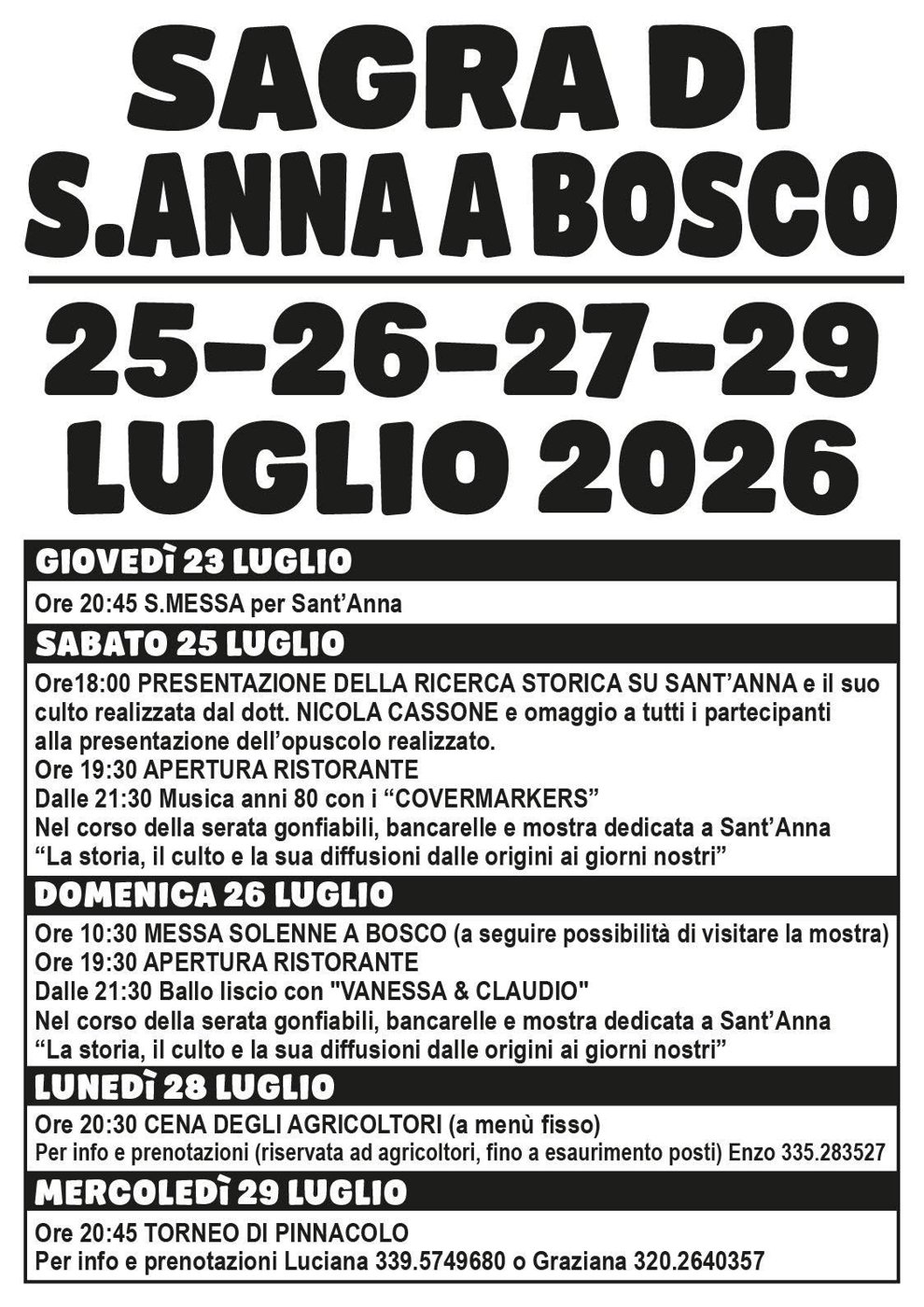 Sagra di Sant'Anna a Bosco – Torneo di Pinnacolo, Scandiano, 29 Luglio 2026